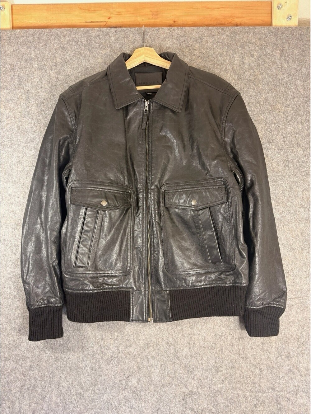 Merona Mens Black Leather Jacket Full Zip Harrington Coat Large
